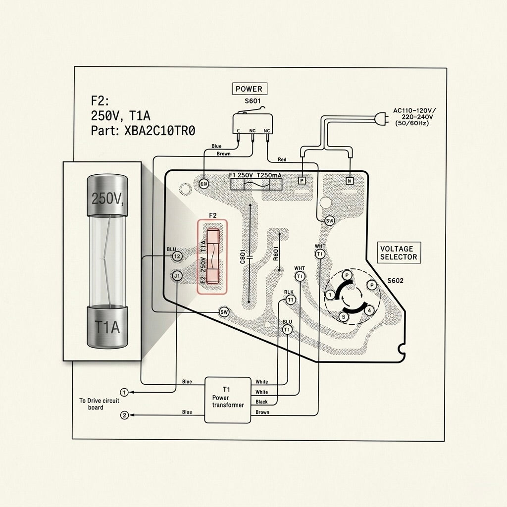 Technics turntable power circuit board diagram showing the F2 glass fuse location and specifications (250V, T1A, Part XBA2C10TR0).