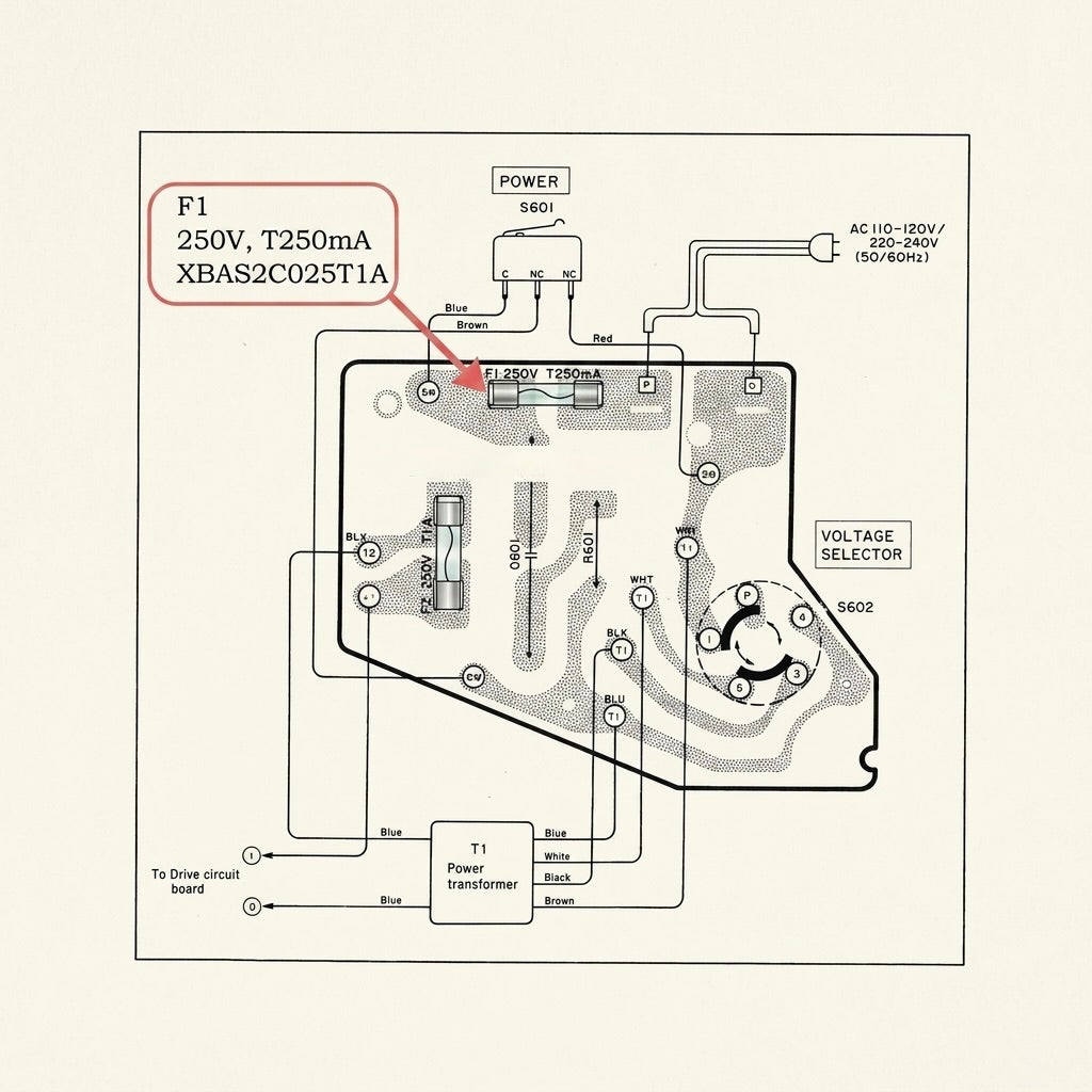Technics turntable power schematic diagram showing the physical location and technical specs for the F1 power supply glass fuse (Panasonic part XBAS2C025T1A).
