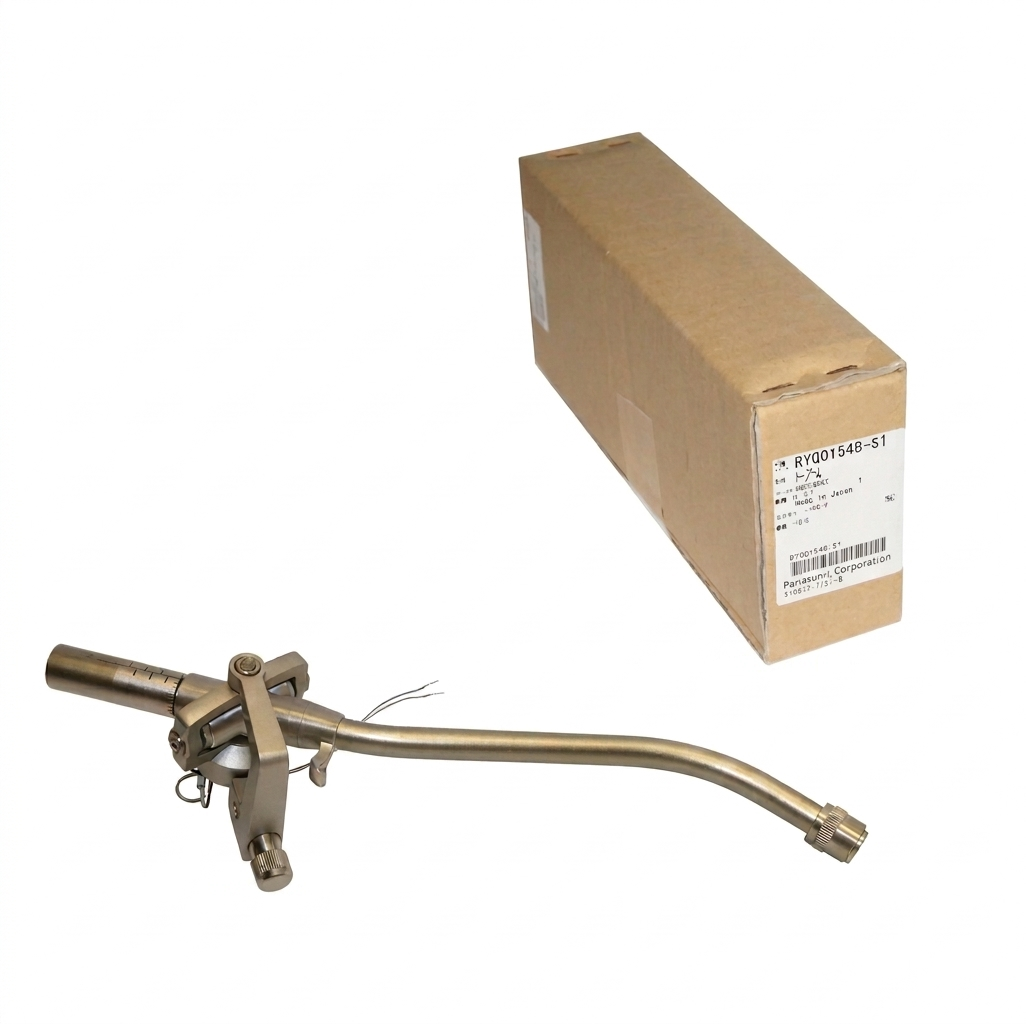 A studio product photograph against a seamless white background featuring a metallic, champagne-gold colored S-shaped turntable tonearm component in the lower left foreground. The intricate assembly showcases the pivot bearing mechanism, a calibrated counterweight shaft with measurement lines, thin exposed lead wires at the base, and a threaded collar at the headshell connector end.