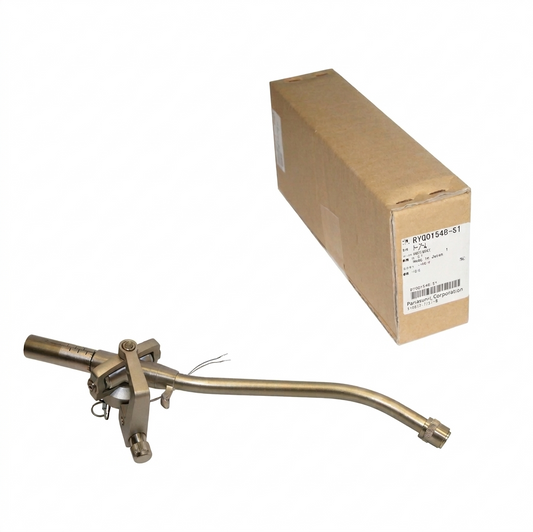 A studio product photograph against a seamless white background featuring a metallic, champagne-gold colored S-shaped turntable tonearm component in the lower left foreground. The intricate assembly showcases the pivot bearing mechanism, a calibrated counterweight shaft with measurement lines, thin exposed lead wires at the base, and a threaded collar at the headshell connector end.
