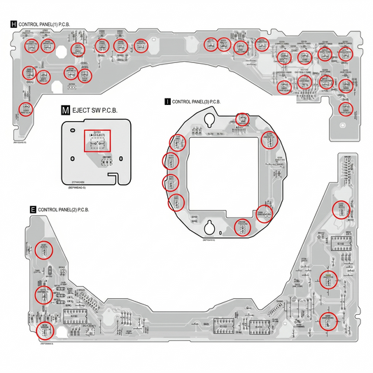 Here is the alt text for the image Technics SL-DZ1200 PCB Switch location.png:
A high-resolution technical diagram over a white background showing a black and white circuit board trace layout for the Technics SL-DZ1200 digital turntable. The diagram is divided into sections labeled "H CONTROL PANEL(1) P.C.B.", "M EJECT SW P.C.B.", "I CONTROL PANEL(3) P.C.B.", and "E CONTROL PANEL(2) P.C.B.". Dozens of specific tactile switch positions and component circuit references are highlighted across the boards insid