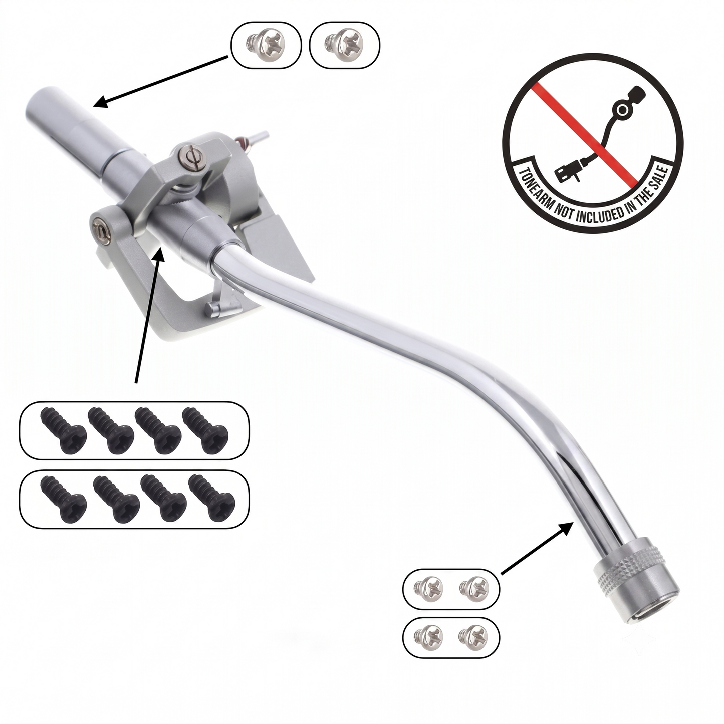 An instructional product graphic displays a complete silver S-shaped Technics tonearm assembly against a white background to illustrate a replacement screw set.