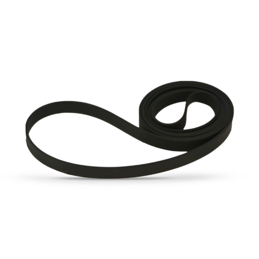 A studio shot of a black rubber turntable drive belt set against a plain white background. The belt is shown partially coiled on the right side, with a single large loop extending to the left, forming a teardrop or "figure 6" shape. The belt is flat and thin, typical of high-quality replacement parts for belt-driven record players. A soft shadow is cast directly beneath the belt, giving the image a clean, three-dimensional look.