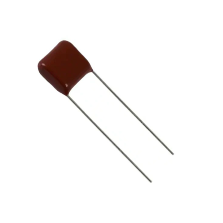 A close-up studio shot of a reddish-brown, dip-coated polyester film capacitor against a plain white background. The capacitor has a rectangular, slightly rounded body and two long, thin silver-colored wire leads extending downward in a parallel fashion.