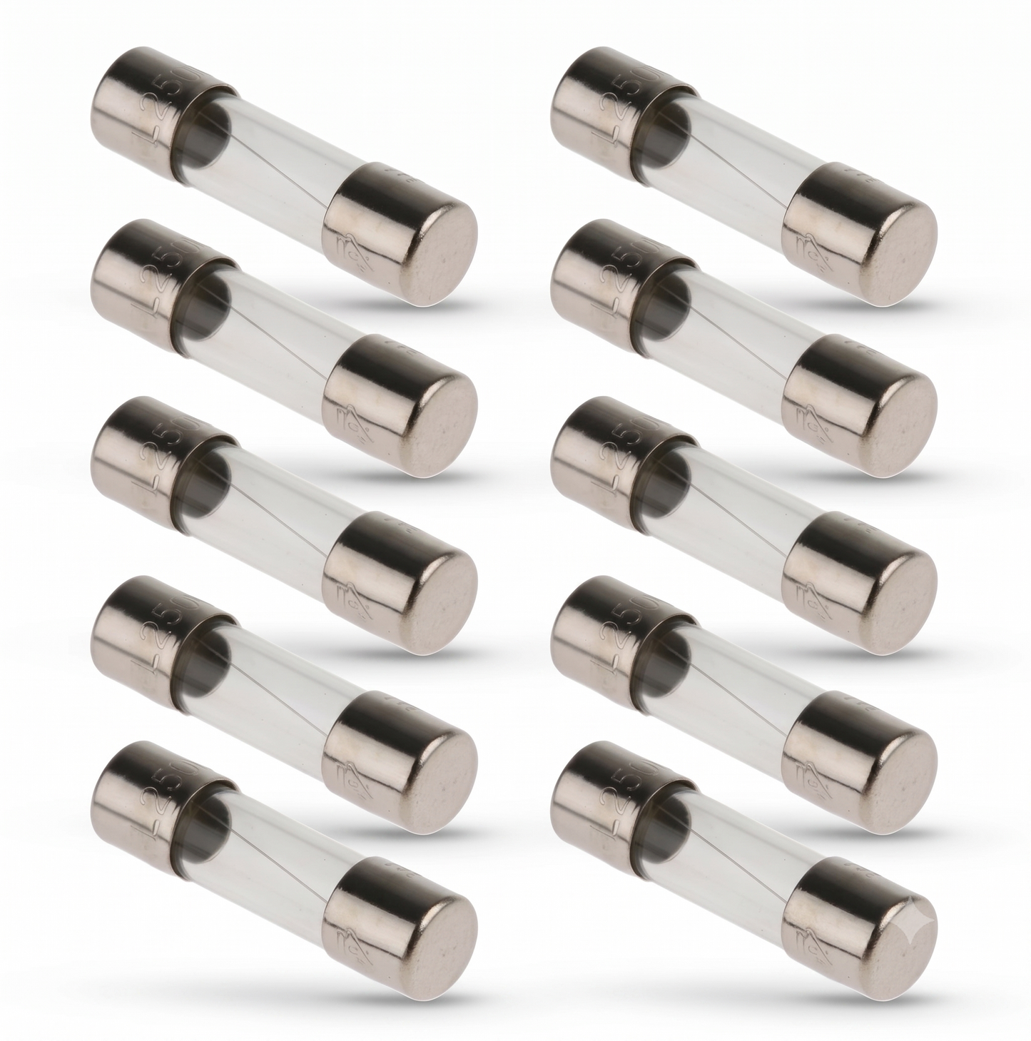 Ten clear glass cylindrical fuses with metallic silver ends, arranged in two columns on a white background.