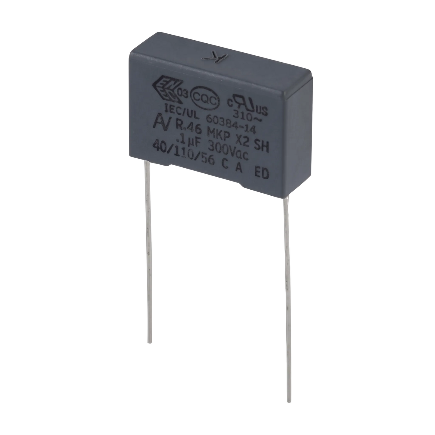 A dark gray ceramic radial-leaded capacitor with silver metal leads, featuring printed specifications including 'C1G 104' and '40V/170/56 C A ED' on a clean white background.