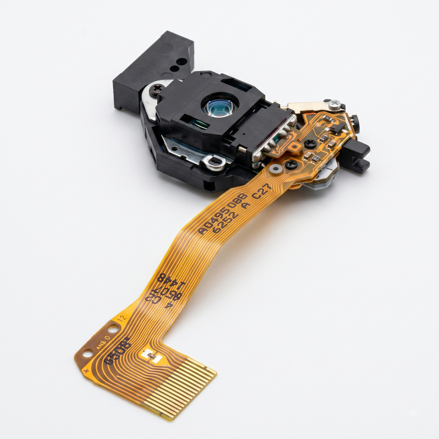 An isometric view of a disassembled CD/DVD optical pickup unit with its flexible ribbon cable lying on a white background.