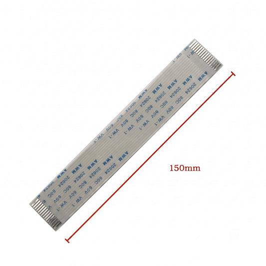 A silver flat ribbon cable with blue printed text, shown diagonally on a white background with a red dimension line indicating 150mm length.