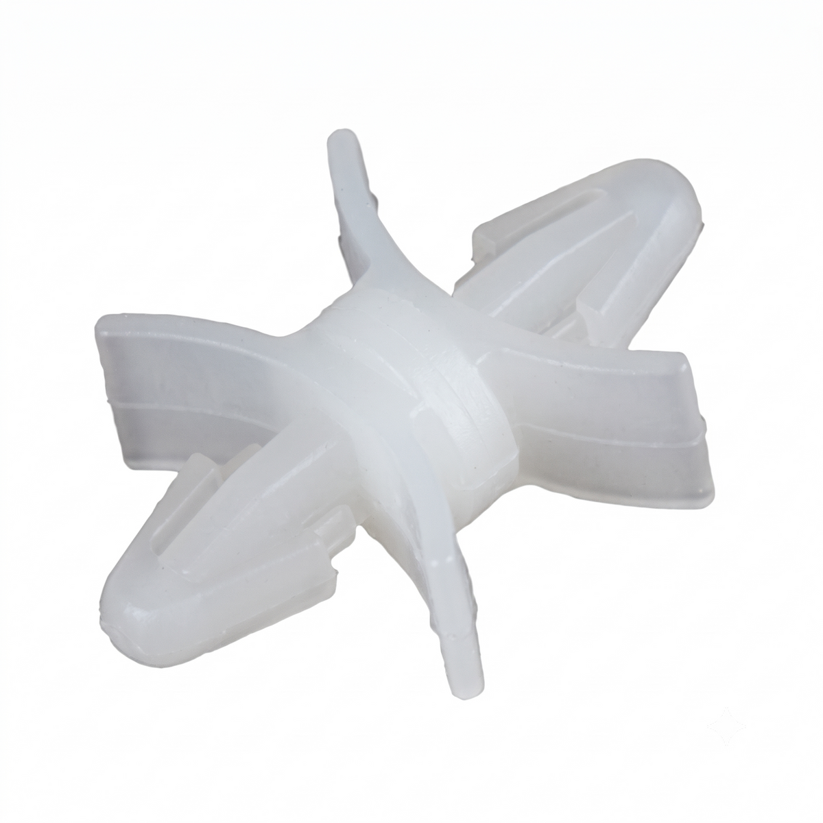 One white plastic four-spoke PCB clip on a white background.