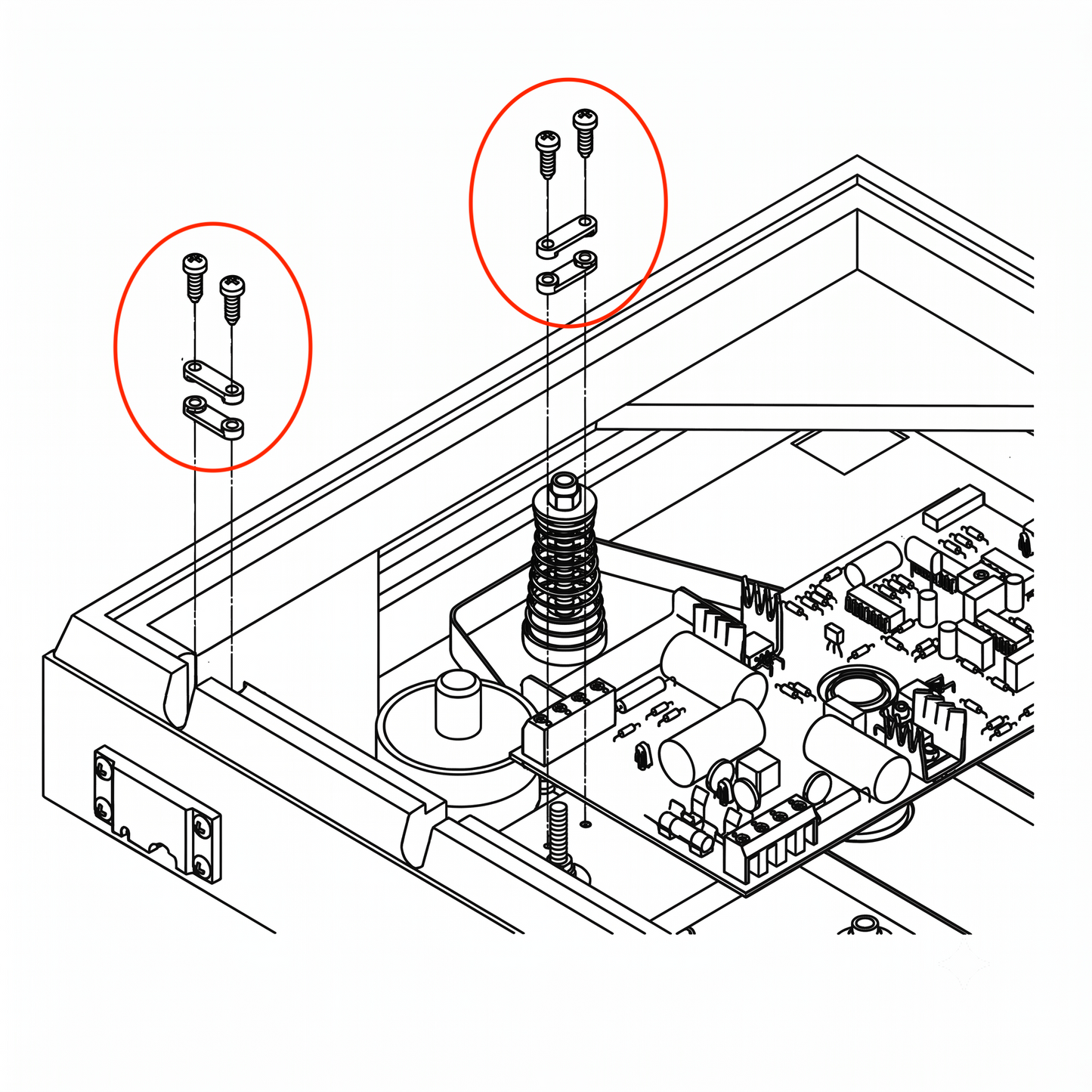 A black and white technical line drawing illustrating the internal components of a turntable chassis, highlighted by two bright red circles. The circles pinpoint the assembly layout for pairs of small screws and dual-stacked cable clamps, showing their alignment lines descending toward mounting points near the internal circuit board and suspension spring mechanisms.