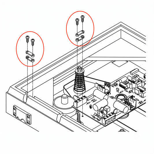 A black and white technical line drawing illustrating the internal components of a turntable chassis, highlighted by two bright red circles. The circles pinpoint the assembly layout for pairs of small screws and dual-stacked cable clamps, showing their alignment lines descending toward mounting points near the internal circuit board and suspension spring mechanisms.