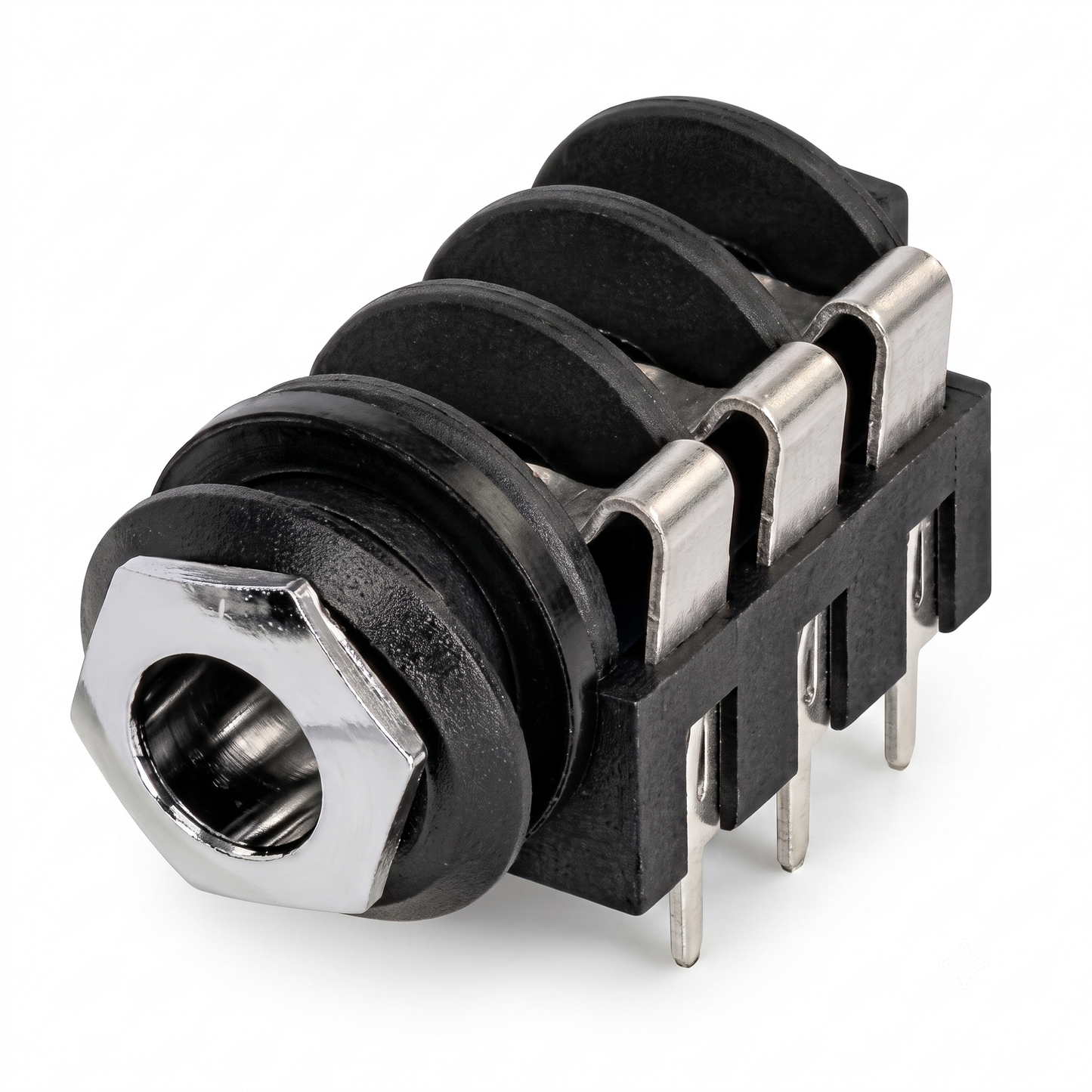 A black plastic and metal audio jack adapter with a hexagonal threaded male connector and three pin leads, shown on a white background.
