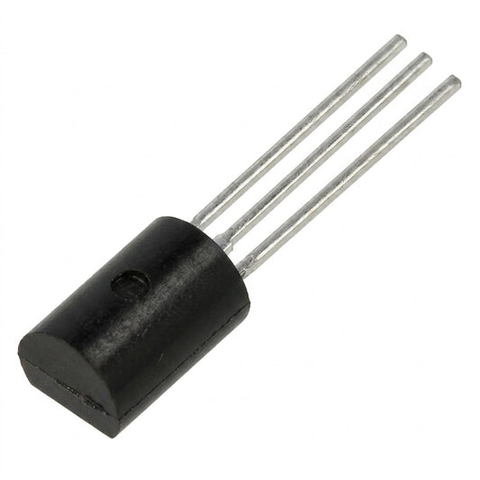 A three-pin black electronic transistor or diode component with a cylindrical body and three metal leads, shown on a plain white background.