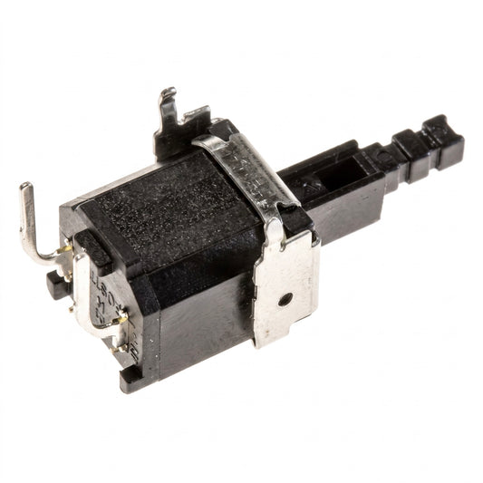 A small black plastic electrical push-button switch with silver metal contacts and a sliding terminal, shown on a plain white background.