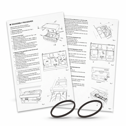 Instruction manual pages showing disassembly procedures with line drawings and two black rubber belts placed in front on a white background.