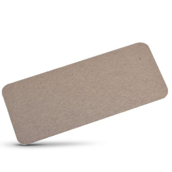A high-angle, studio shot of a rectangular, light grey mica waveguide cover for a microwave, featuring rounded corners and a slightly textured, fibre-like surface. The piece is oriented diagonally against a plain white background, with a soft shadow cast underneath.