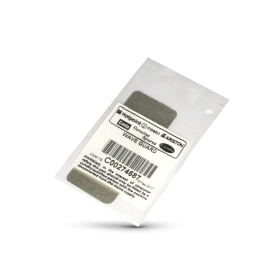 A genuine Hotpoint Indesit Ariston microwave wave guard (part number C00274687) inside its clear plastic packaging. The package features a white label with the brand logos, a barcode, and a safety warning stating the part should be fitted by a qualified person. The rectangular, grey-brown mica sheet is visible through the plastic.