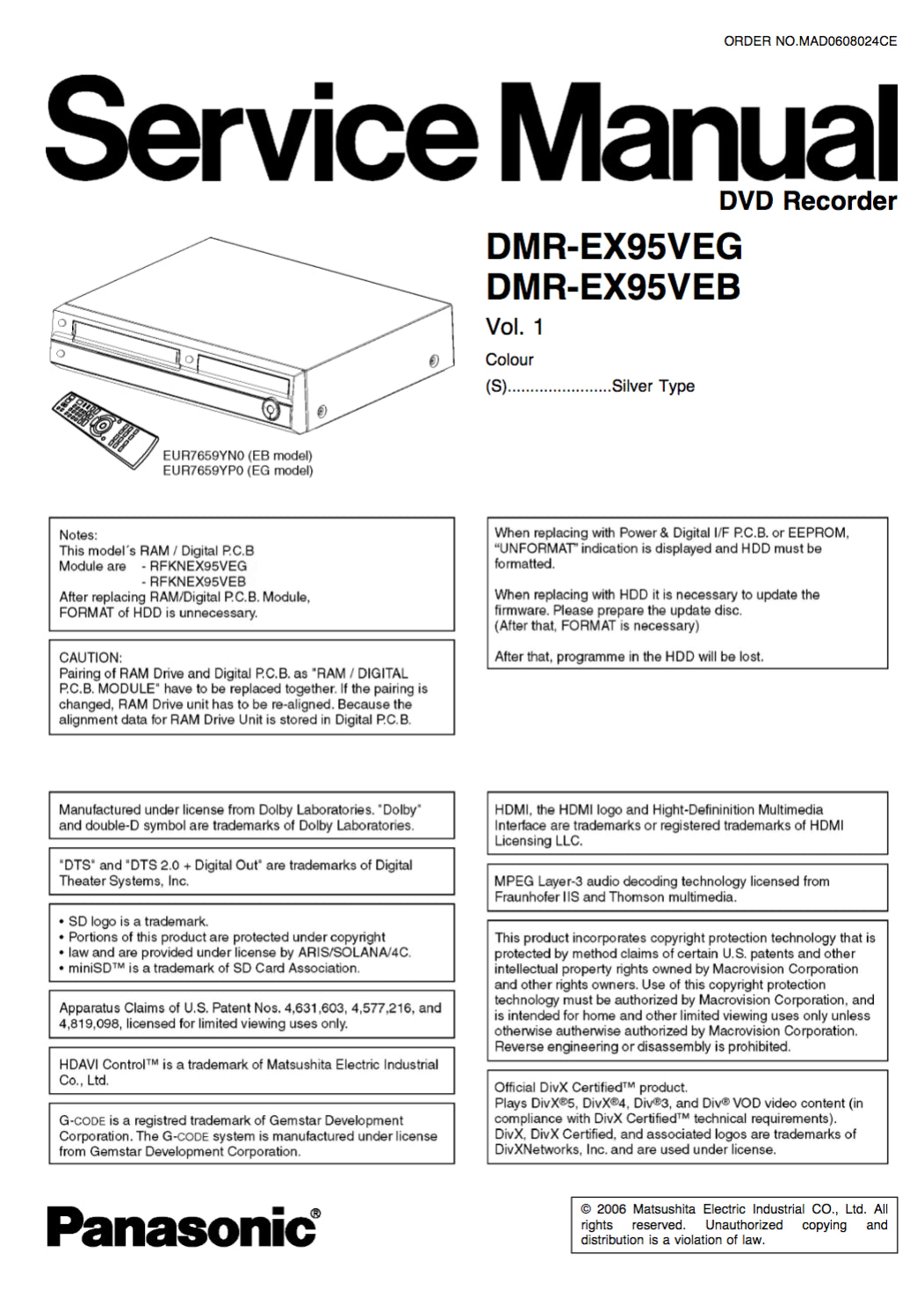 Panasonic DMR-EX95VEG/VEB Service Manual Complete