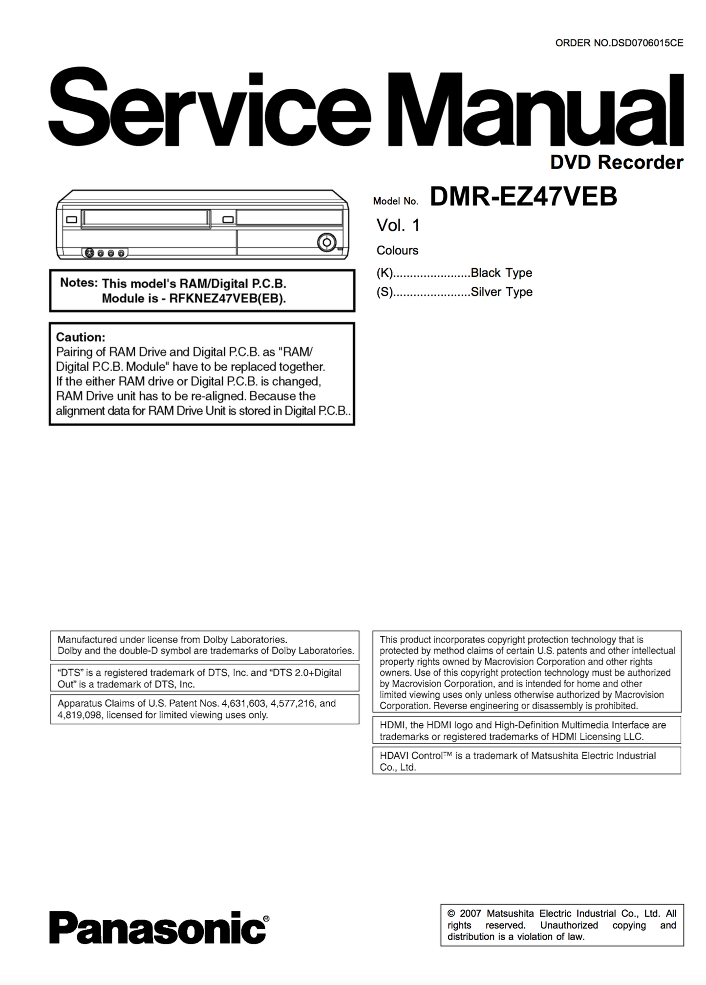 Panasonic DMR-EZ47VEB Service Manual