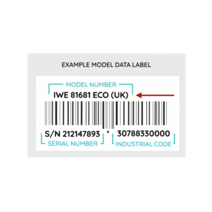 An example appliance data label used to identify a machine. The label displays a Model Number pointed to by a red arrow (IWE 81681 ECO UK), a large barcode, a Serial Number (S/N 212147893), and an Industrial Code (30788330000). The specific sections are highlighted with blue brackets and labels for clarity.