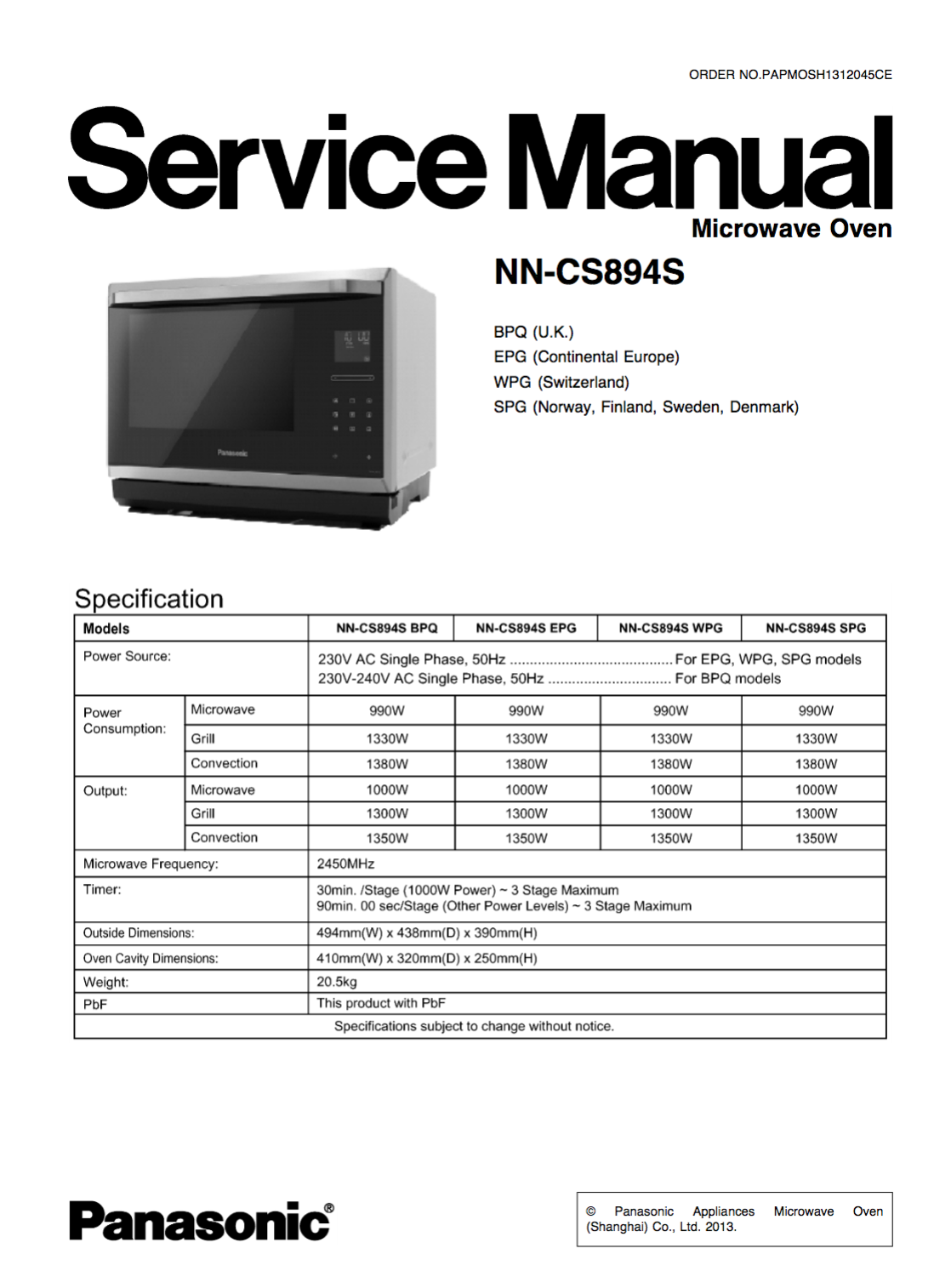 Panasonic NN-CS894S Service Manual