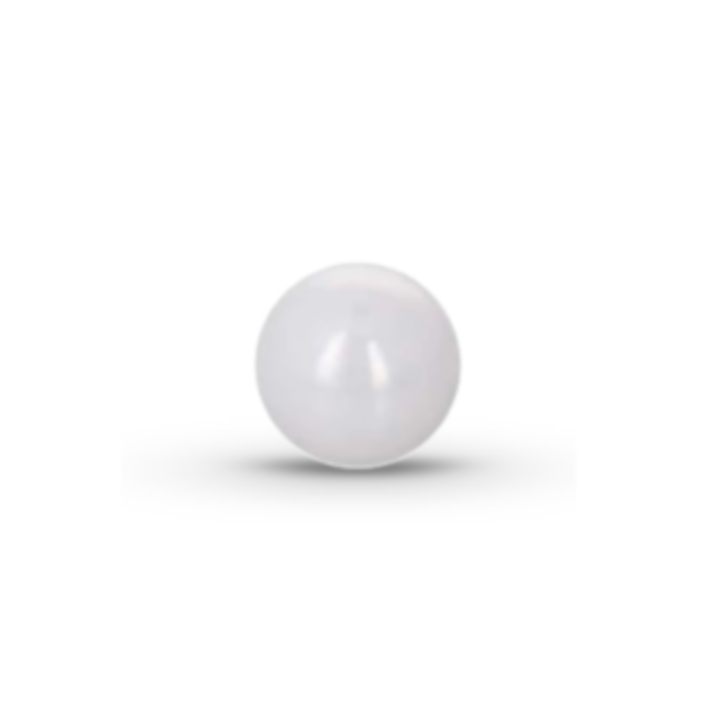 A single, white ceramic ball bearing with a smooth, matte finish. The sphere is centered on a white background and casts a soft, subtle shadow directly beneath it, giving it a sense of weight and depth.