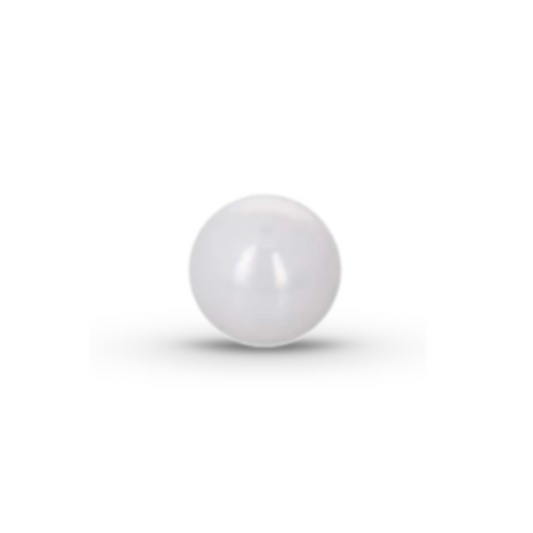 A single, white ceramic ball bearing with a smooth, matte finish. The sphere is centered on a white background and casts a soft, subtle shadow directly beneath it, giving it a sense of weight and depth.