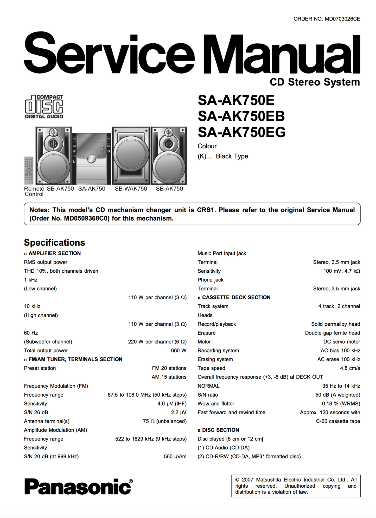 Panasonic SA-AK750E SA-AK750EB SA-AK750EG Service Manual