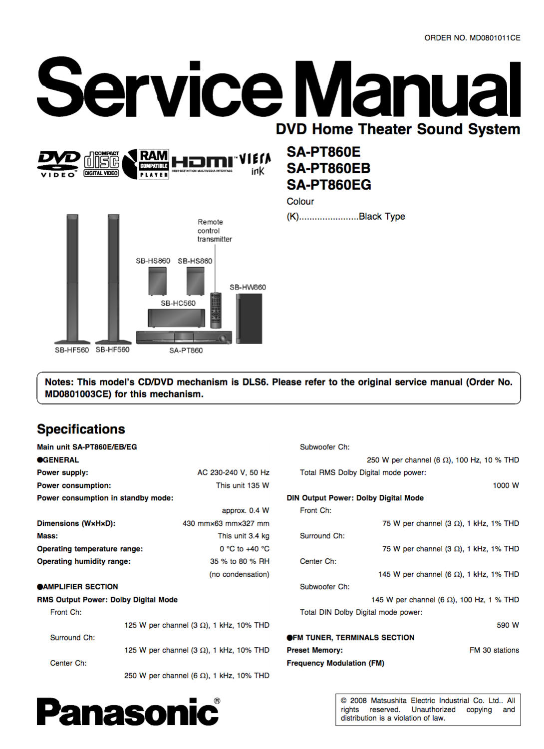 Panasonic SA-PT860 Service Manual Complete