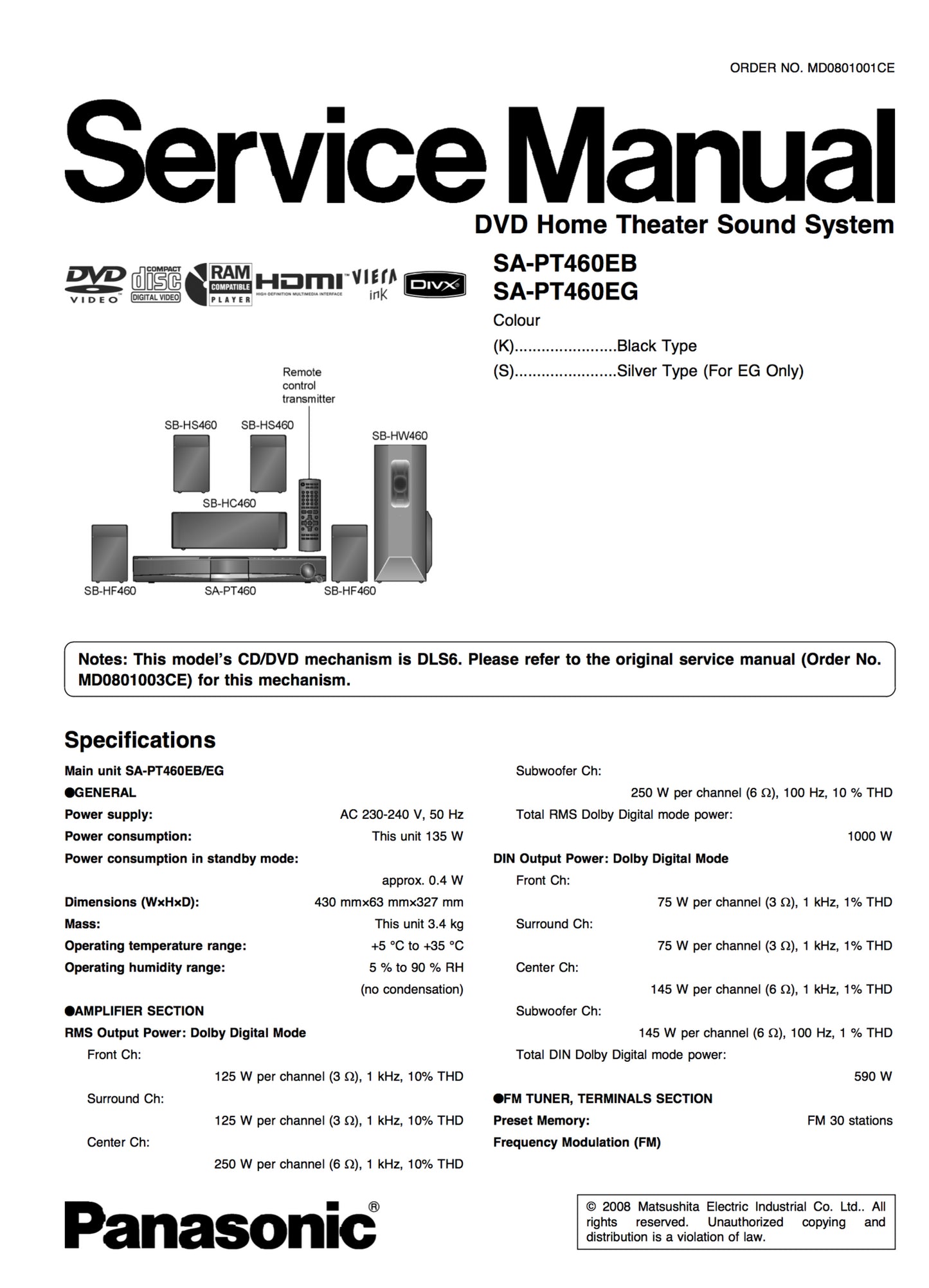 Panasonic SAPT460EB/EG Service Manual Complete