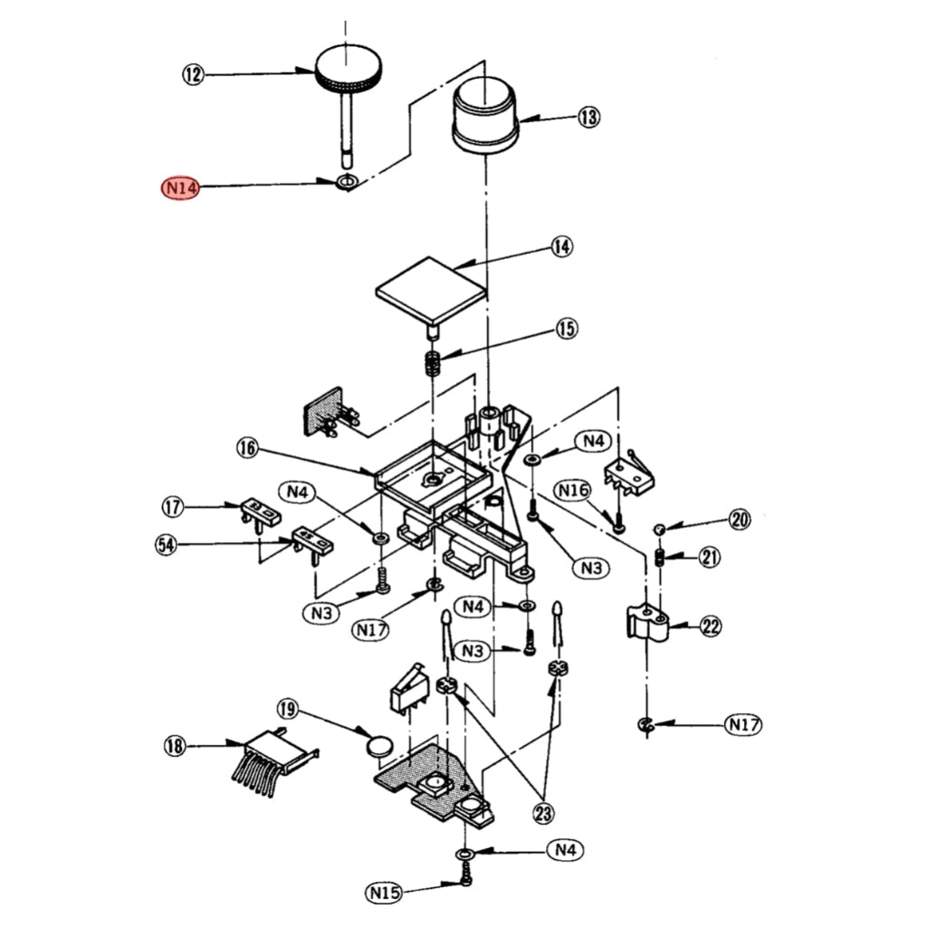 Technical diagram of a mechanical assembly with labeled parts on a white background