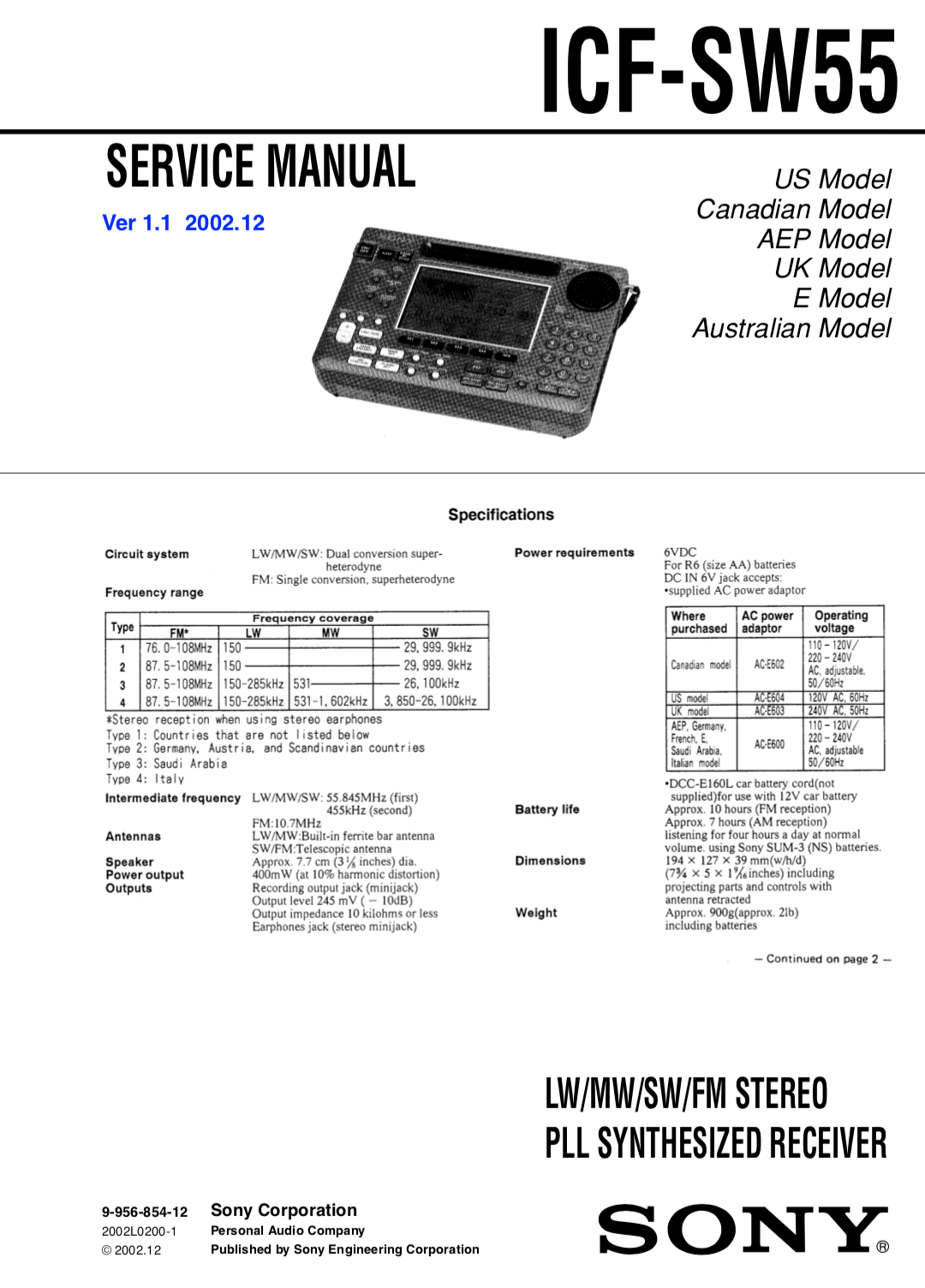SONY ICF-SW55 Service Manual Complete