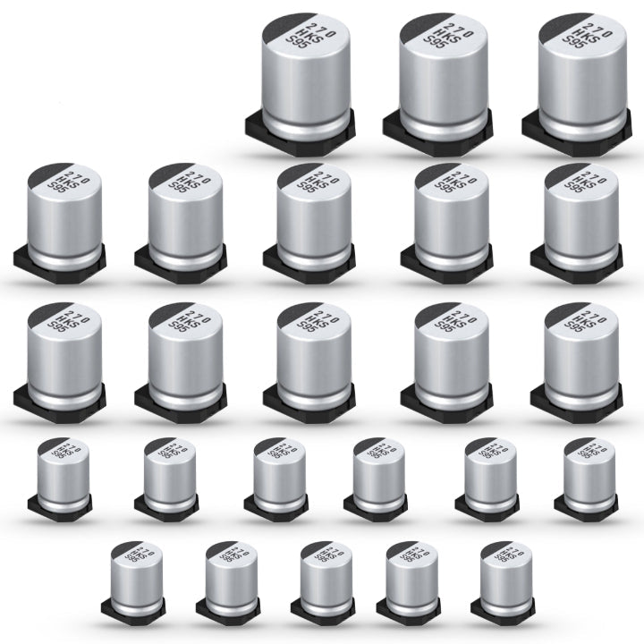 A collection of 24 Sony SMD capacitors displayed in four rows, with the brand name 'Sony' visible on the top of each capacitor.