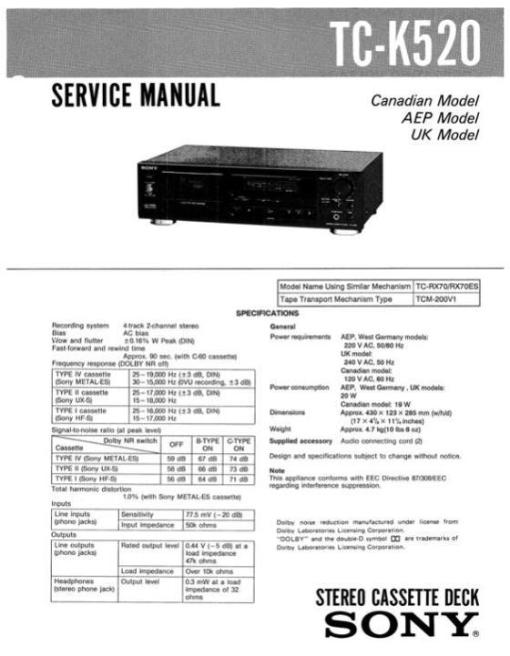 Sony TC-K520 Service Manual Complete
