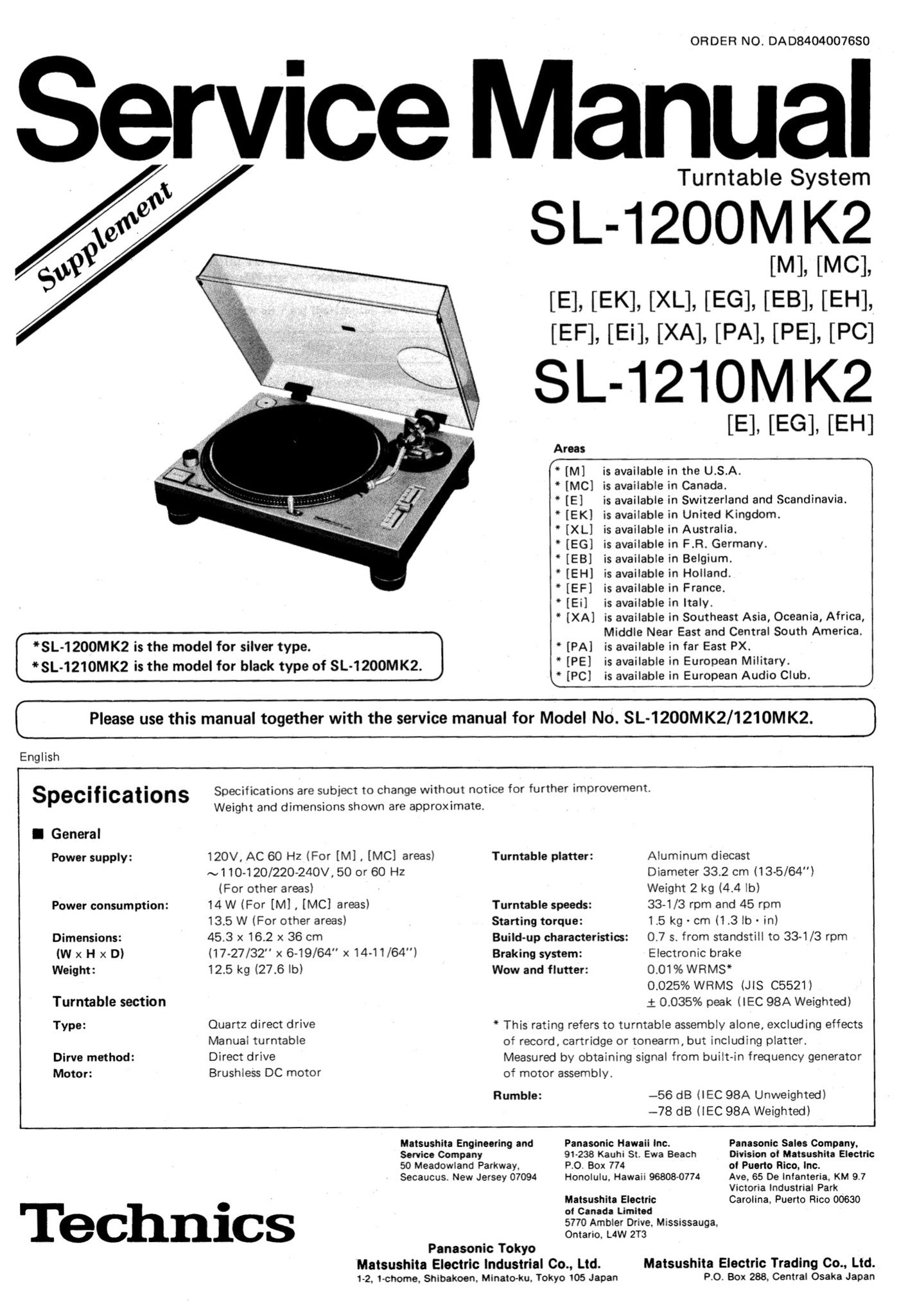 Technics SL-1200MK2 SL-1210MK2 Service Manual