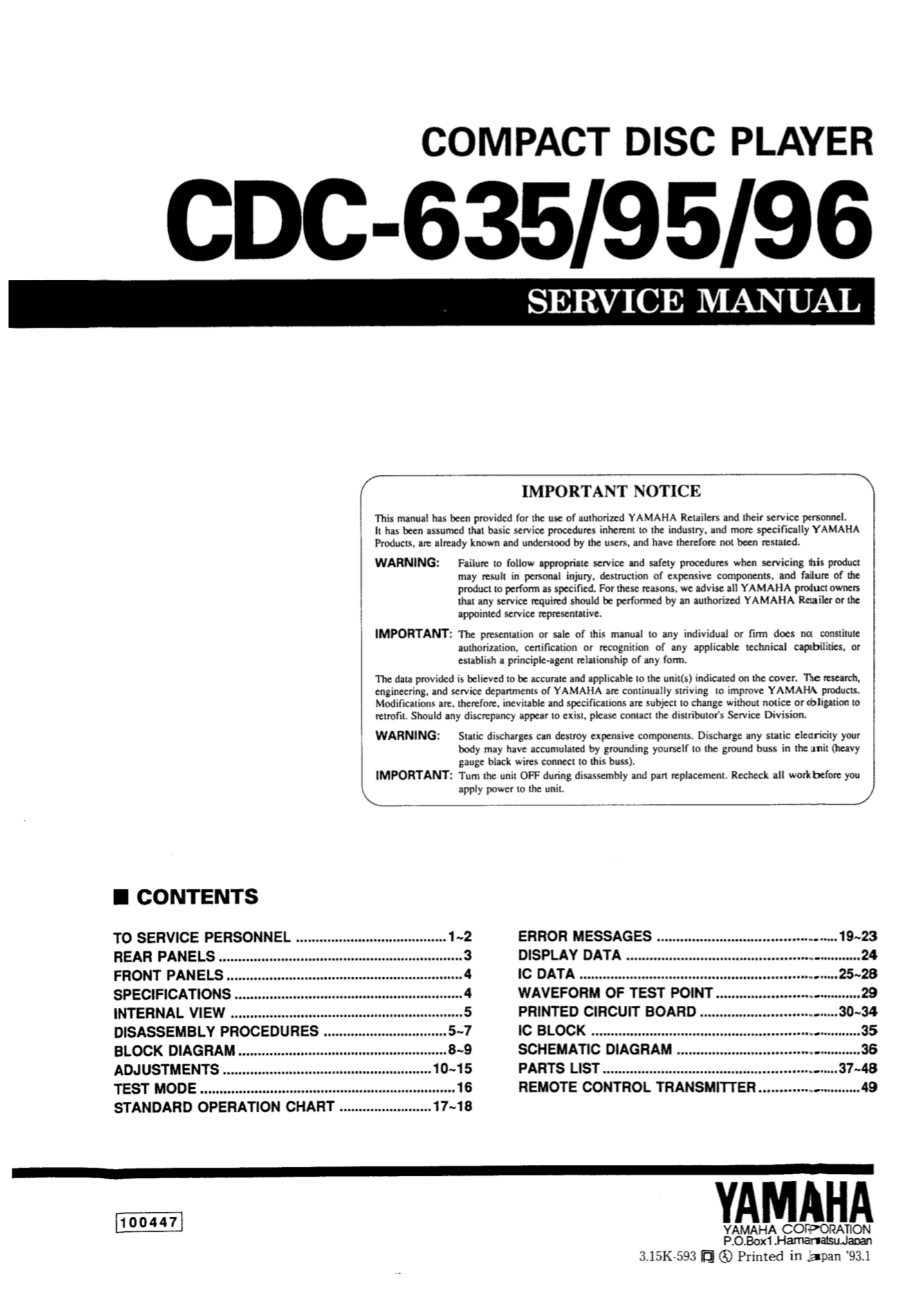 YAMAHA CDC-635 695 696 Service Manual Complete