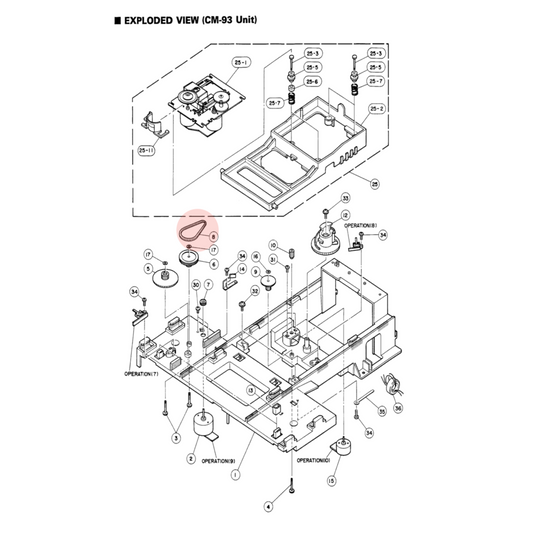 Black and white exploded view technical schematic diagram of a CM-93 Unit appliance, showing parts, assembly layout, and operation callouts.