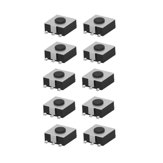 Ten miniature black surface-mount tactical switches, electronic components. Neatly organised on a plain white background in two columns of five rows.