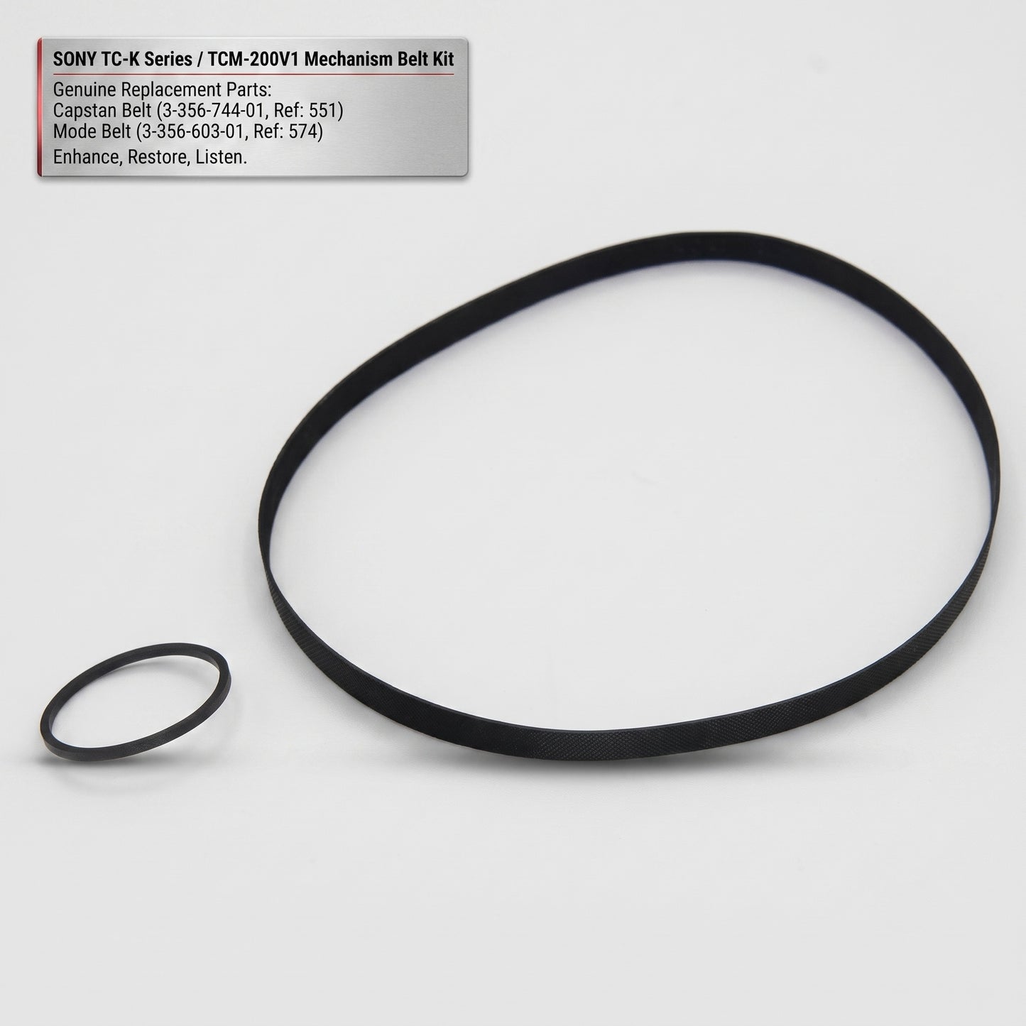 A black rubber replacement belt and a smaller matching ring shown on a light gray background, with a text label in the upper left reading 'SONY TC-K Series / TCM-200V1 Mechanism Belt Kit' and listing genuine replacement parts.