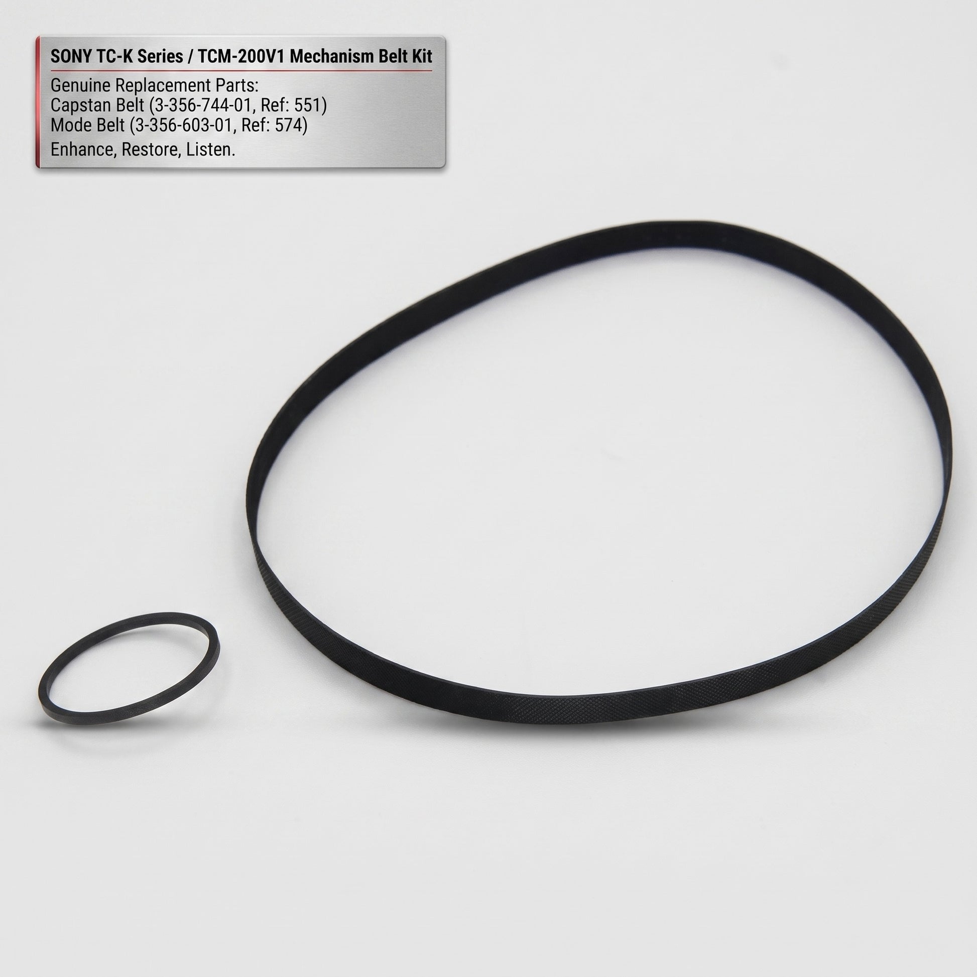 A black rubber replacement belt and a smaller matching ring shown on a light gray background, with a text label in the upper left reading 'SONY TC-K Series / TCM-200V1 Mechanism Belt Kit' and listing genuine replacement parts.