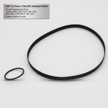 A black rubber replacement belt and a smaller matching ring shown on a light gray background, with a text label in the upper left reading 'SONY TC-K Series / TCM-200V1 Mechanism Belt Kit' and listing genuine replacement parts.