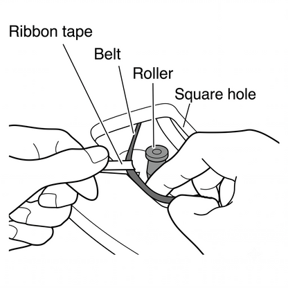 Black and white line drawing showing hands installing a belt with a roller and ribbon tape into a square hole, with text labels pointing to each component.