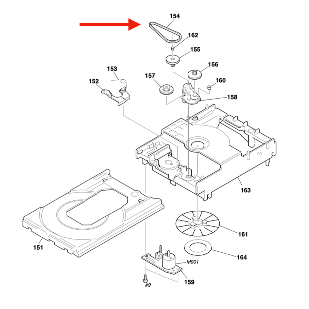 Technical diagram of a mechanical assembly with labeled parts and an arrow pointing to a specific component.