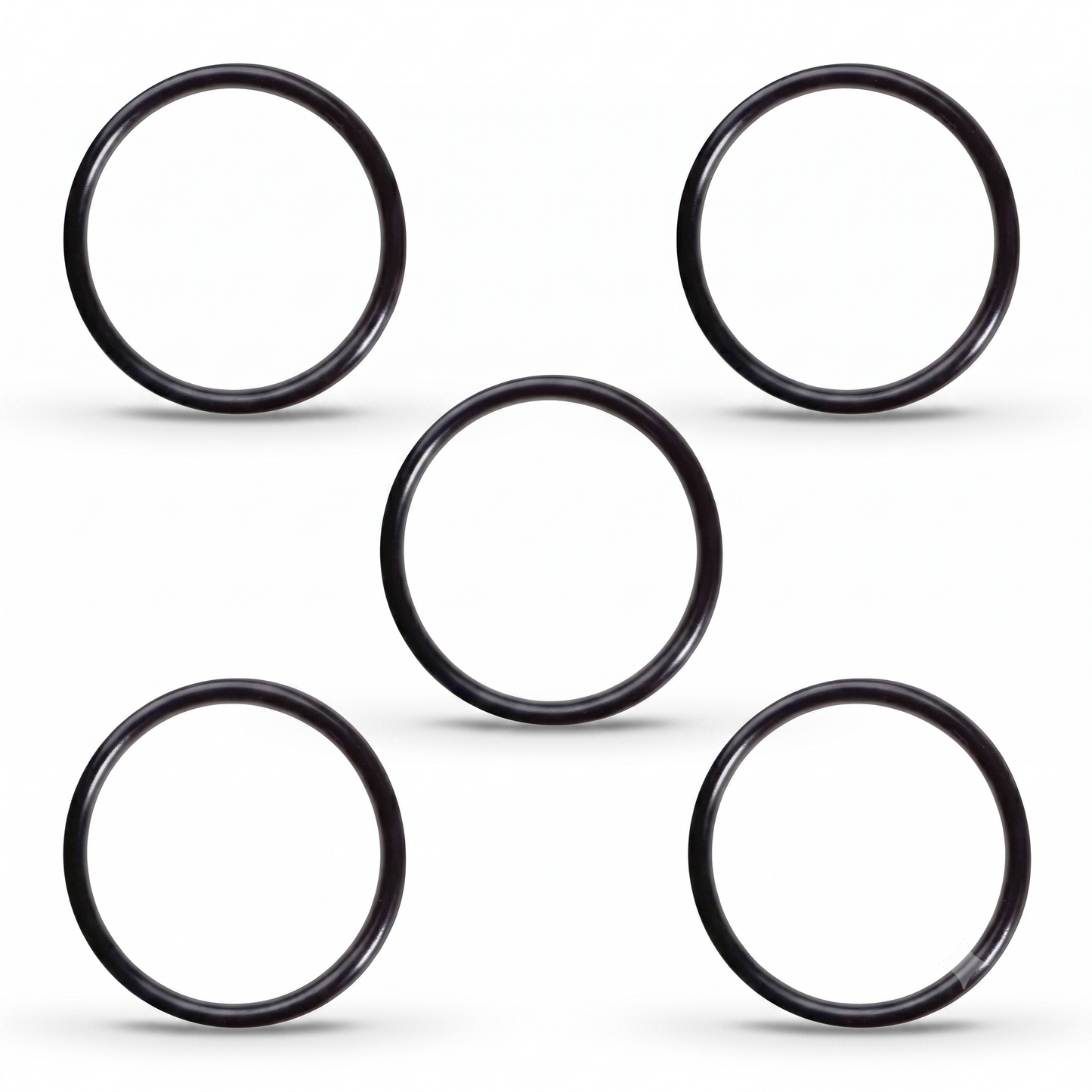 A product graphic set against a solid white background showing five identical black rubber O-ring seals arranged in a symmetrical, cross-like layout. One O-ring sits directly in the center, flanked by two O-rings positioned in the upper corners (left and right) and two O-rings positioned in the lower corners (left and right). Each individual ring is perfectly circular with a smooth, slightly reflective surface finish and features a soft, realistic drop shadow underneath .