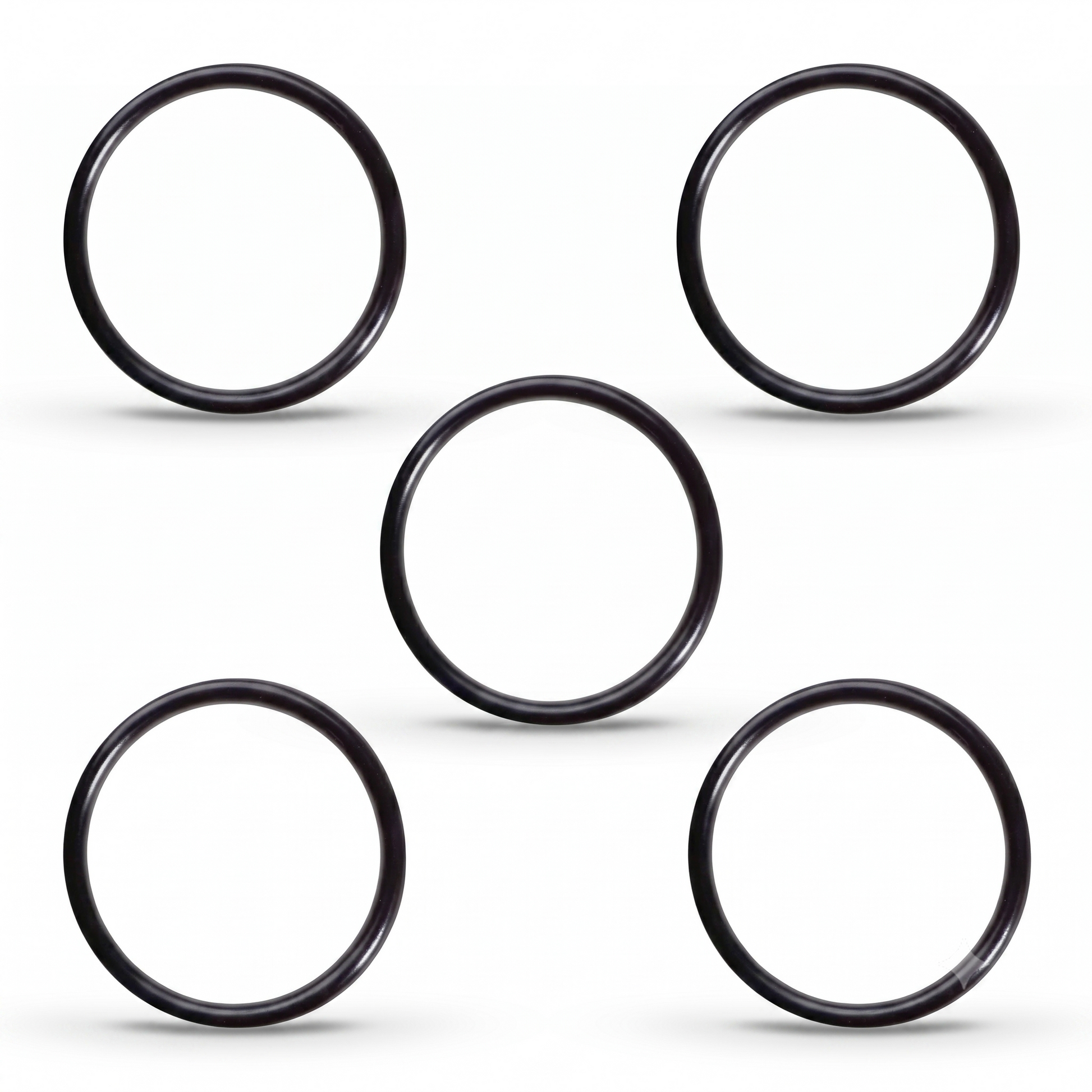 A product graphic set against a solid white background showing five identical black rubber O-ring seals arranged in a symmetrical, cross-like layout. One O-ring sits directly in the center, flanked by two O-rings positioned in the upper corners (left and right) and two O-rings positioned in the lower corners (left and right). Each individual ring is perfectly circular with a smooth, slightly reflective surface finish and features a soft, realistic drop shadow underneath .