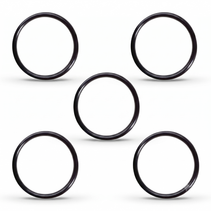 A product graphic set against a solid white background showing five identical black rubber O-ring seals arranged in a symmetrical, cross-like layout. One O-ring sits directly in the center, flanked by two O-rings positioned in the upper corners (left and right) and two O-rings positioned in the lower corners (left and right). Each individual ring is perfectly circular with a smooth, slightly reflective surface finish and features a soft, realistic drop shadow underneath .