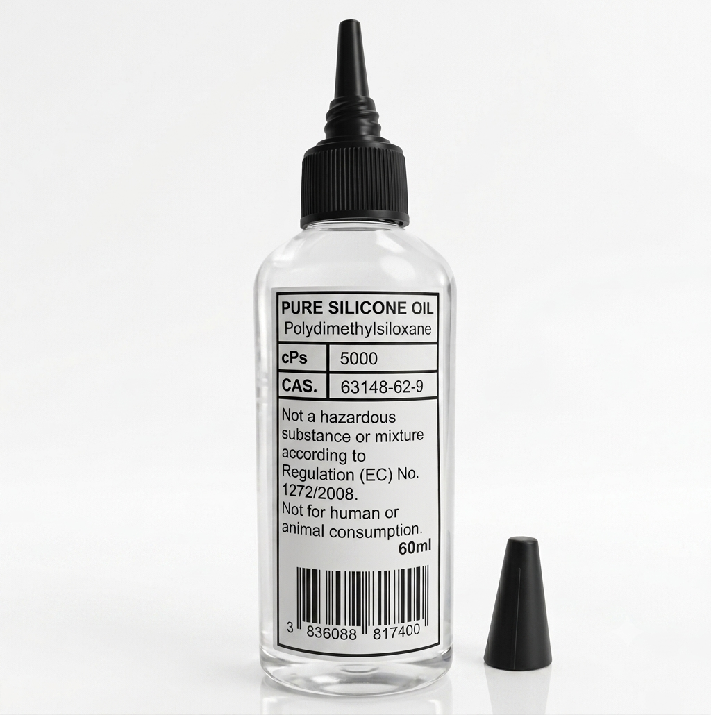 A clear plastic bottle containing clear silicone oil, with a black conical-tip applicator cap. The white label is printed with black text: “PURE SILICONE OIL”, “Polydimethylsiloxane”, “cPs 5000”, “CAS. 63148-62-9”, and the volume “60ml”. A smaller, separate black cap is positioned next to the bottl