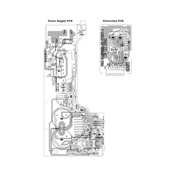 A technical schematic diagram showing the component layout for the Marantz Power Supply PCB and Protection PCB. The image features a detailed black-and-white architectural view of the circuit boards, with specific component locations, trace paths, and reference numbers labeled for repair and identification purposes. The "Protection PCB" section is highlighted on the right, showing the specific area where the protection circuit capacitors are located.