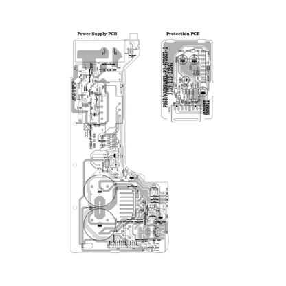 A technical schematic diagram showing the component layout for the Marantz Power Supply PCB and Protection PCB. The image features a detailed black-and-white architectural view of the circuit boards, with specific component locations, trace paths, and reference numbers labeled for repair and identification purposes. The "Protection PCB" section is highlighted on the right, showing the specific area where the protection circuit capacitors are located.