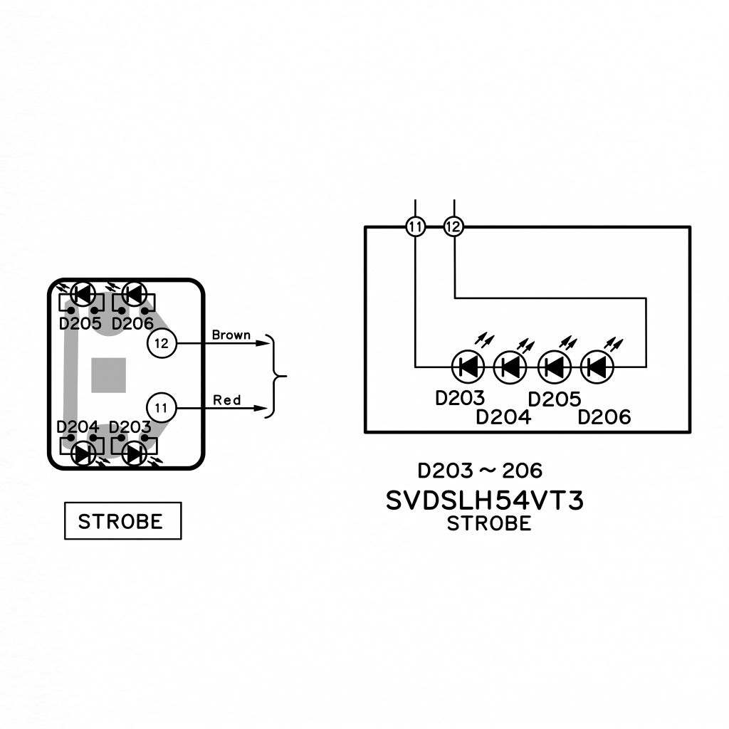 Technical circuit diagram for the Technics SL-1200 turntable strobe light repair kit, displaying the physical PCB layout for diodes D203, D204, D205, and D206 with brown and red wire connections alongside a schematic diagram for the Panasonic SVDSLH54VT3 strobe circuit.